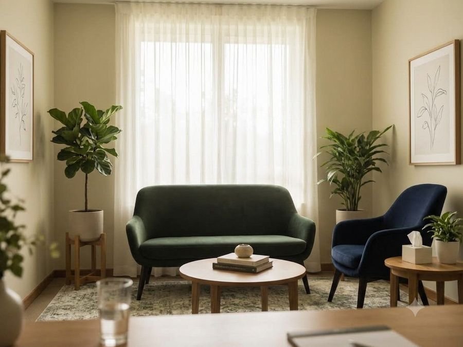 A calm consulting room with soft seating, a low table and house plants