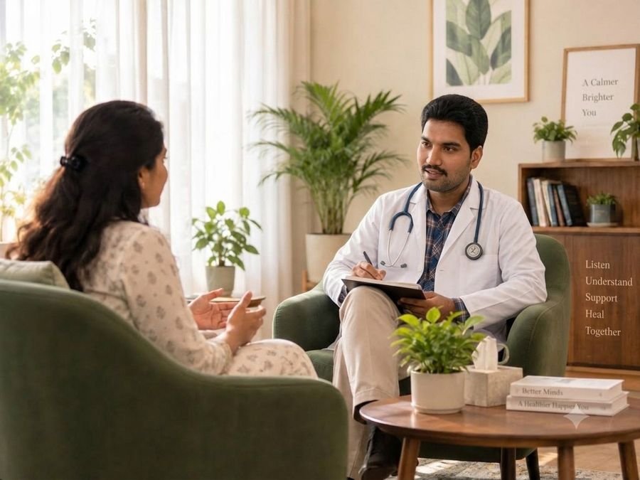 A doctor listening and taking notes while a patient speaks